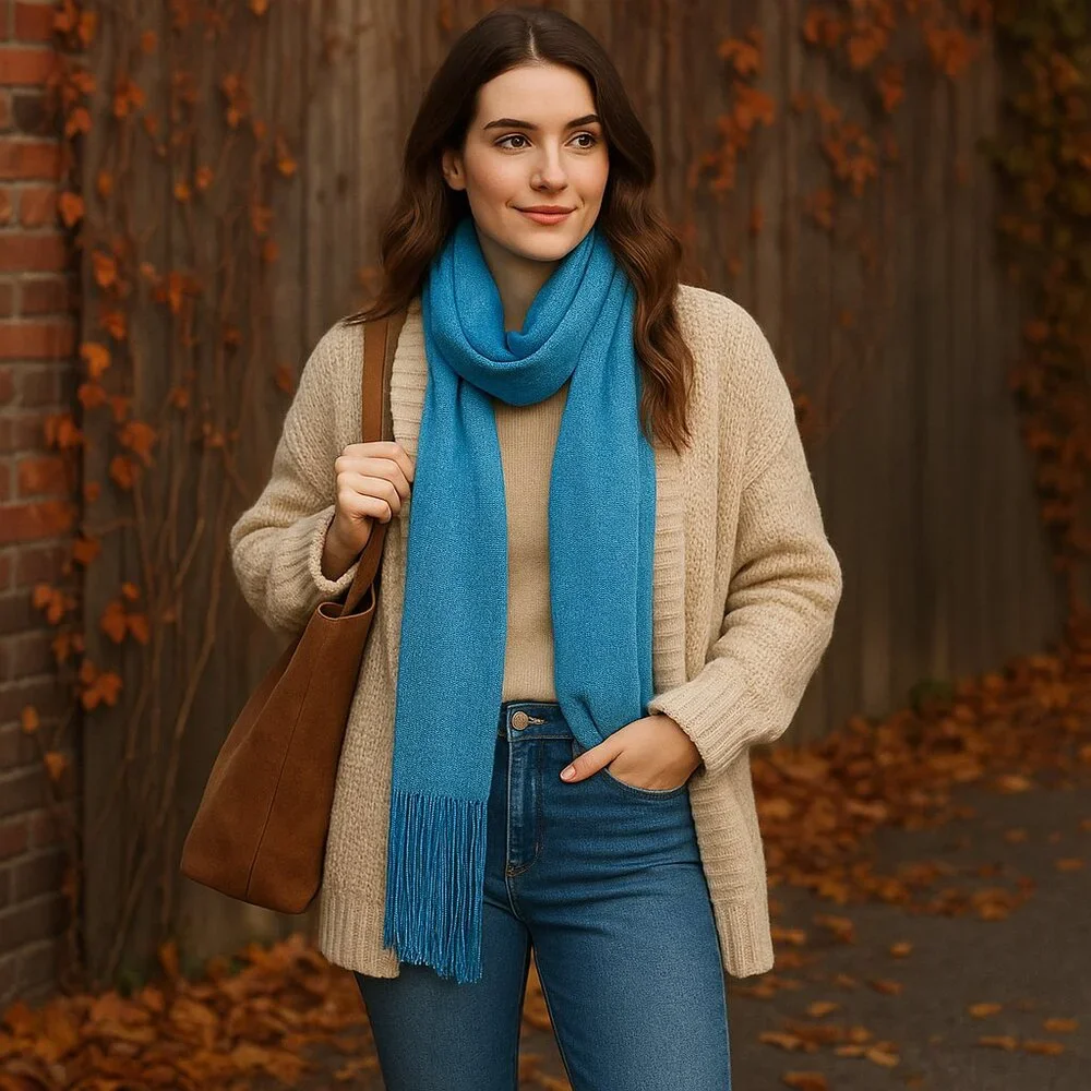 Kimberly C. Metallic Blue Fringe Scarf – Statement Evening Wrap